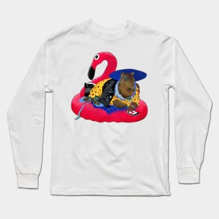 Capybara chilling on pink flamingo rubber ring Long Sleeve T-Shirt